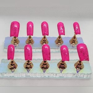 Hot Pink, Pink Glitter Flake Press On Nails